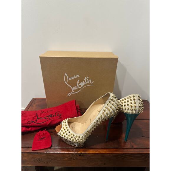 Christian Louboutin Lady Peep Spikes 150mm Heels -Size 38.5 - Craie Gold Studded - Picture 4 of 6